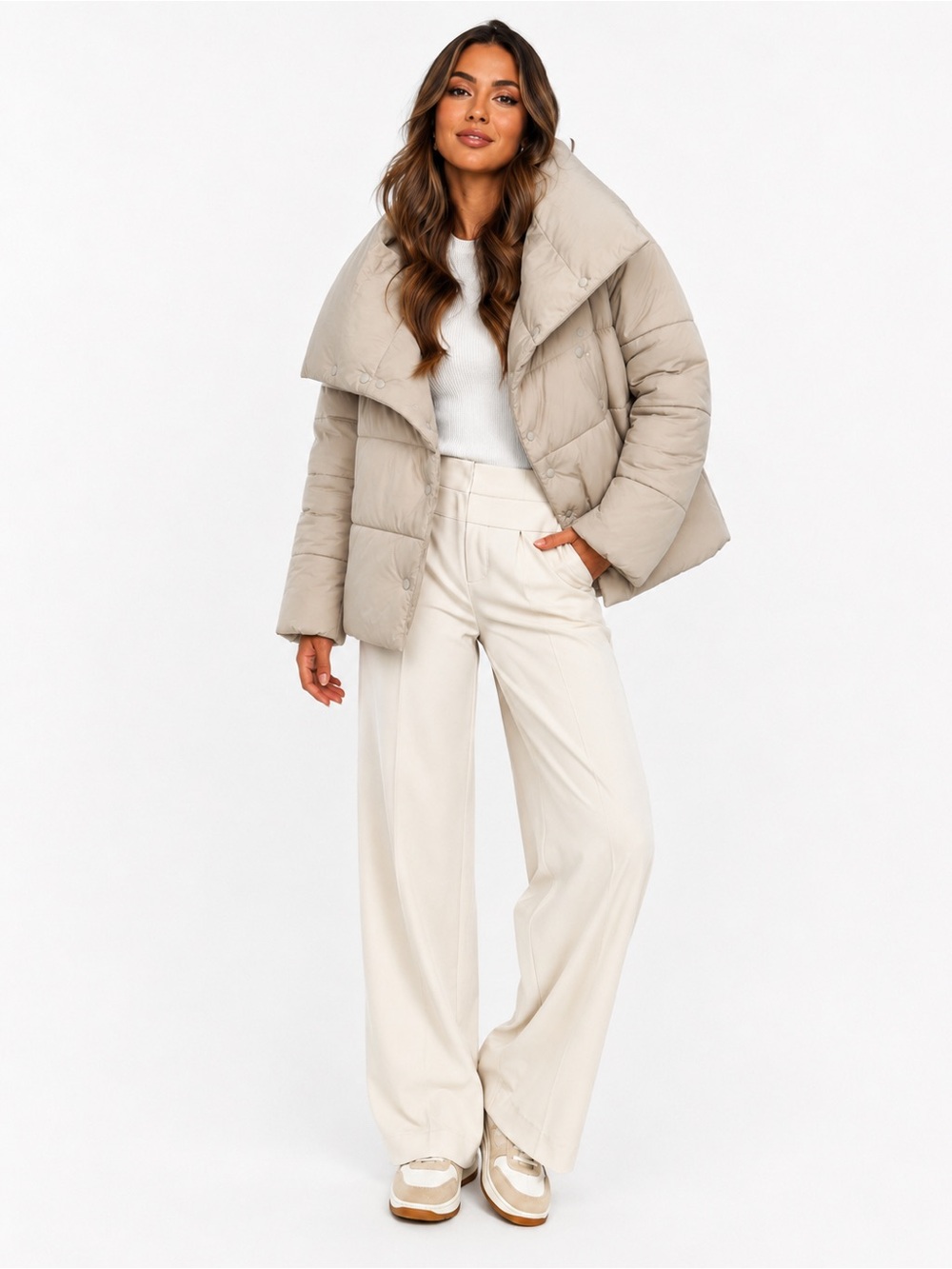 NWT Banana Republic Petite S Taupe Puffer Jacket Oversized Collar Quiet Luxury